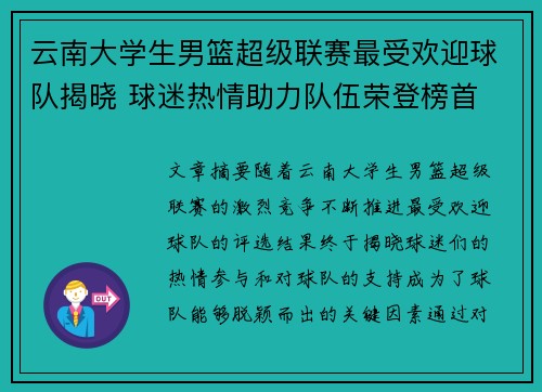 云南大学生男篮超级联赛最受欢迎球队揭晓 球迷热情助力队伍荣登榜首